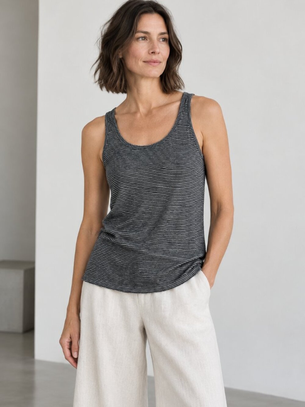 Eileen Fisher Gray Striped Organic Cotton Camisole Tank Top Medium NWOT